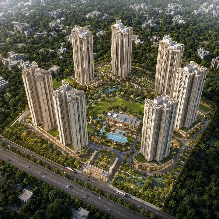 Prestige Battersea aerial view of the seven-tower community on Hennur Road, North Bengaluru